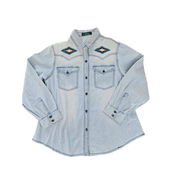 Fashion Express Button Up Denim Shirt With Embroidered Indian Chief Size M - Picture 8 of 12